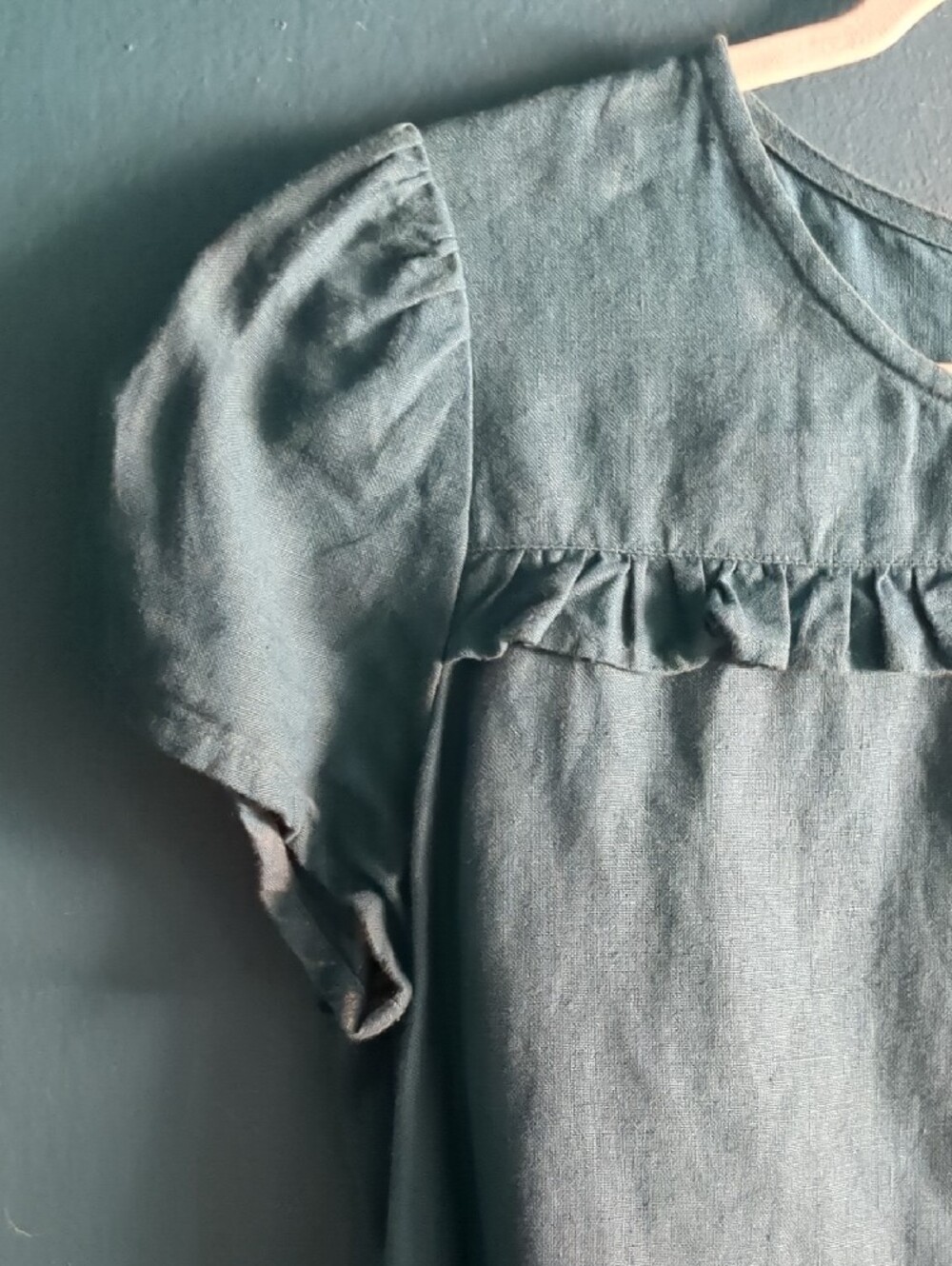 notPERFECTLINEN 100% Linen Cap Sleeve Ruffle Yoke Blouse - Teal Green - Picture 4 of 8